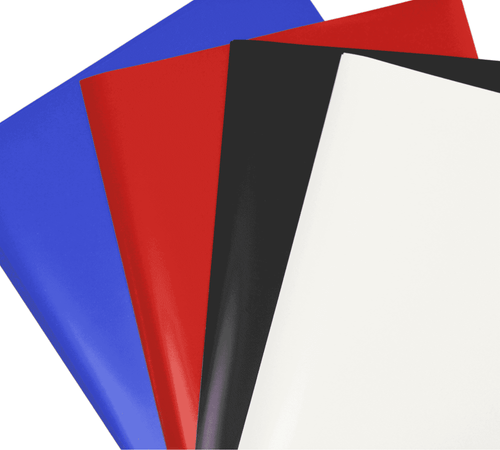 Four sheets of Puff iron-on vinyl in red, white, blue, and black.