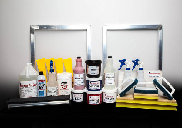 Ultimate Beginners Screen Printing Starter Kit by iami Screen Print featuring screens, squeegees, inks, cleaning supplies, and tools for easy screen printing.
