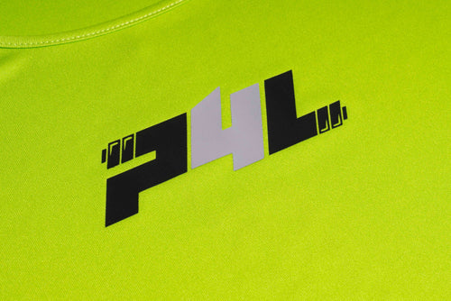 Premium Plus Heat Transfer Vinyl applied to neon green performance fabric with bold black and silver design, ideal for athletic wear customization.