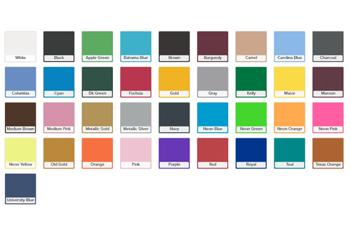 Color chart for Premium Plus Heat Transfer Vinyl by Miami Screen Print Supply showing 36 vibrant shades for creative apparel decoration.