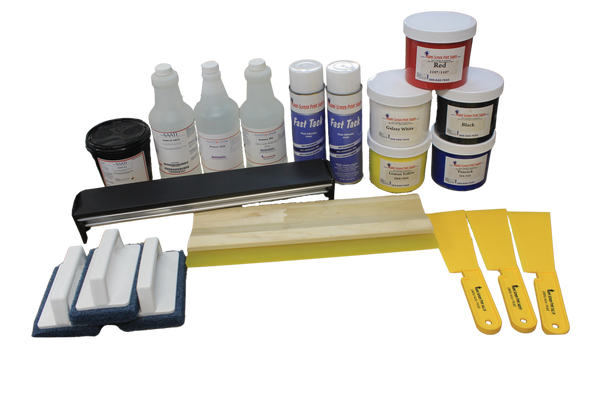 Ultimate Beginners Screen Printing Starter Kit by iami Screen Print featuring screens, squeegees, inks, cleaning supplies, and tools for easy screen printing.