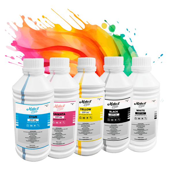 Set of five 1000ML DTF ink bottles in cyan, magenta, yellow, black, and white with vibrant splash background. Ideal for DTF printers.