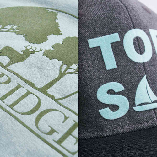 Soft flock vinyl on shirt and hat with nature and sailing designs