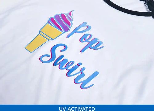 UV activated Pop Swirl design on white shirt