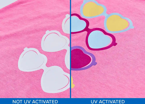 UV Shift vinyl on pink fabric, heart glasses design