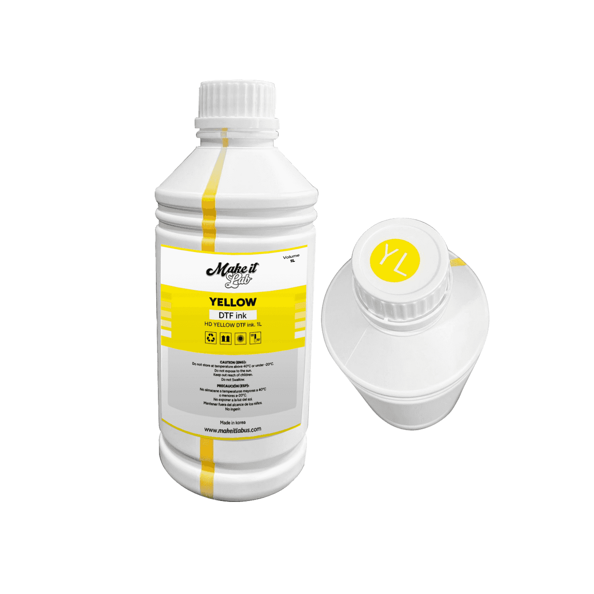 Yellow 1000ML DTF ink bottle with a close-up of the cap. Ensures bright and long-lasting prints for DTF printers.