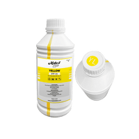 Yellow 1000ML DTF ink bottle with a close-up of the cap. Ensures bright and long-lasting prints for DTF printers.