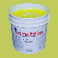 Flo Yellow fluorescent art ink from Miami Screen Print Supply in a large white bucket, ideal for screen printing projects and vibrant designs.
